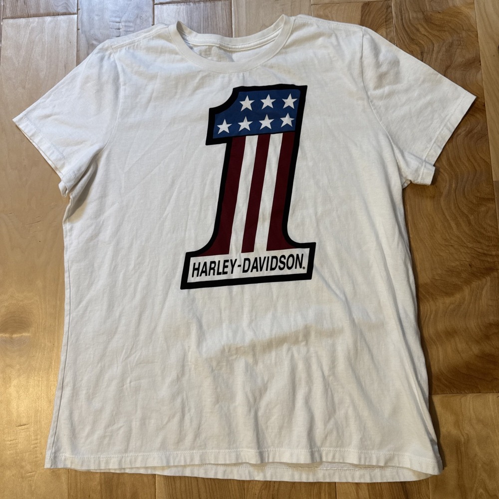 Harley-Davidson Women's 1W White #1 American Flag Graphic T-Shirt Motorcycle